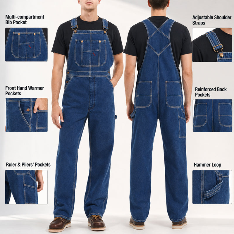 🔥Last Day Promotion🔥 Men's Denim Bib Overalls, Workwear with Adjustable Straps and Convenient Tool Pockets